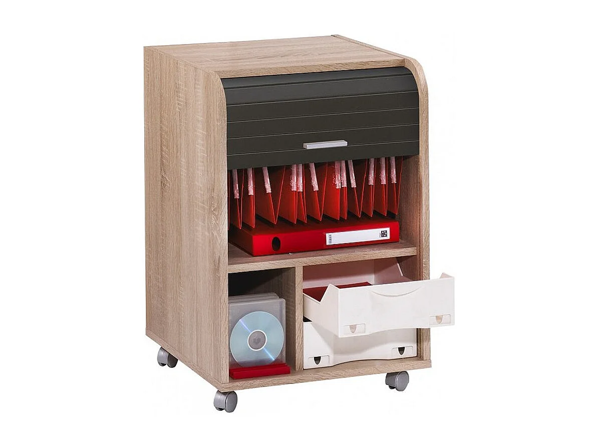 Caisson à rideau sur roulettes 2 tiroirs bois clair et noir Orga 70cm