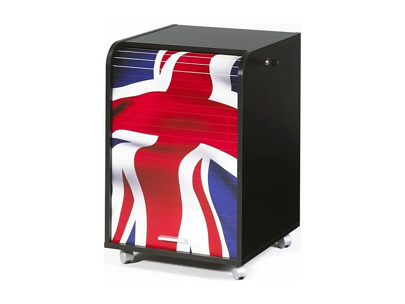 Caisson à rideau sur roulettes 2 tiroirs noir imprimé drapeau Anglais Orga 70cm