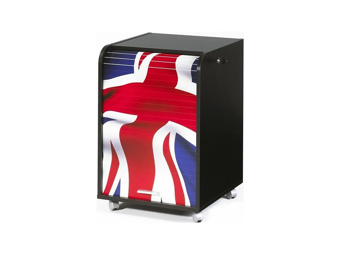 Caisson à rideau sur roulettes 2 tiroirs noir imprimé drapeau Anglais Orga 70cm