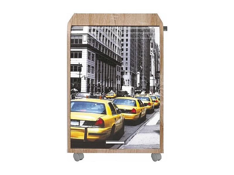 Caisson à rideau sur roulettes 2 tiroirs bois clair imprimé taxis jaunes Orga 70cm