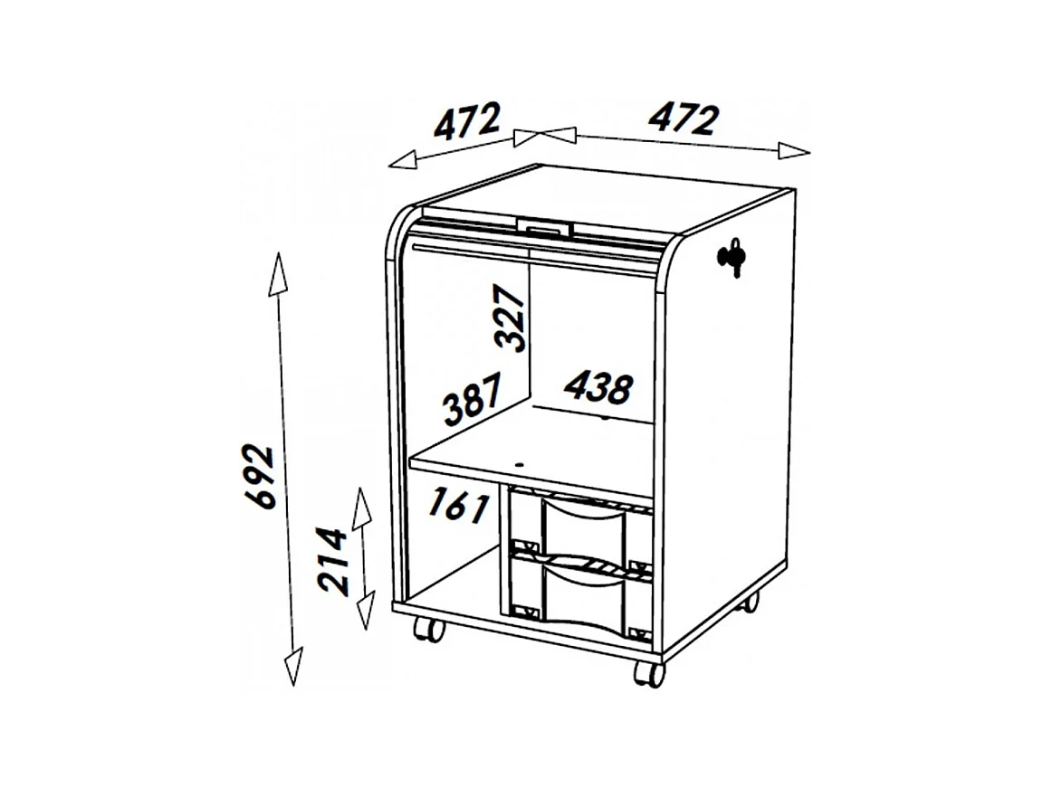 Caisson à rideau sur roulettes 2 tiroirs blanc et rideau noir Orga 70cm