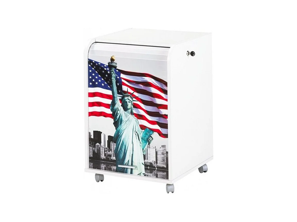 Caisson à rideau sur roulettes 2 tiroirs blanc imprimé statue de la liberté Orga 70cm