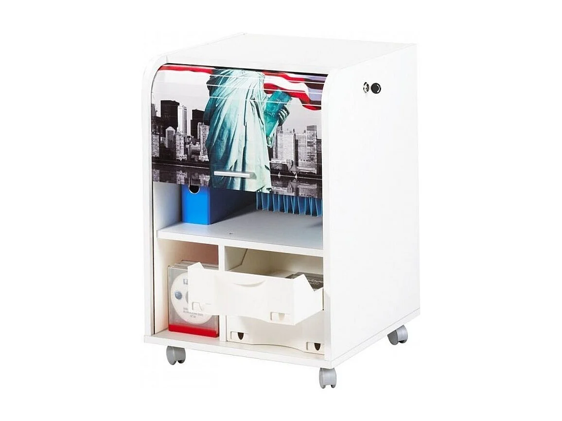 Caisson à rideau sur roulettes 2 tiroirs blanc imprimé statue de la liberté Orga 70cm