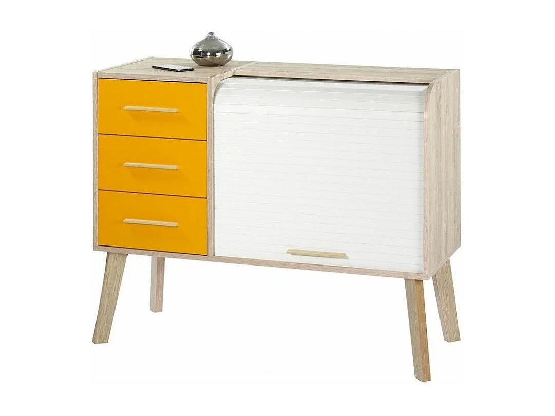 Meuble d'entrée chêne clair 3 tiroirs oranges 2 niches rideau blanc Happy 110cm