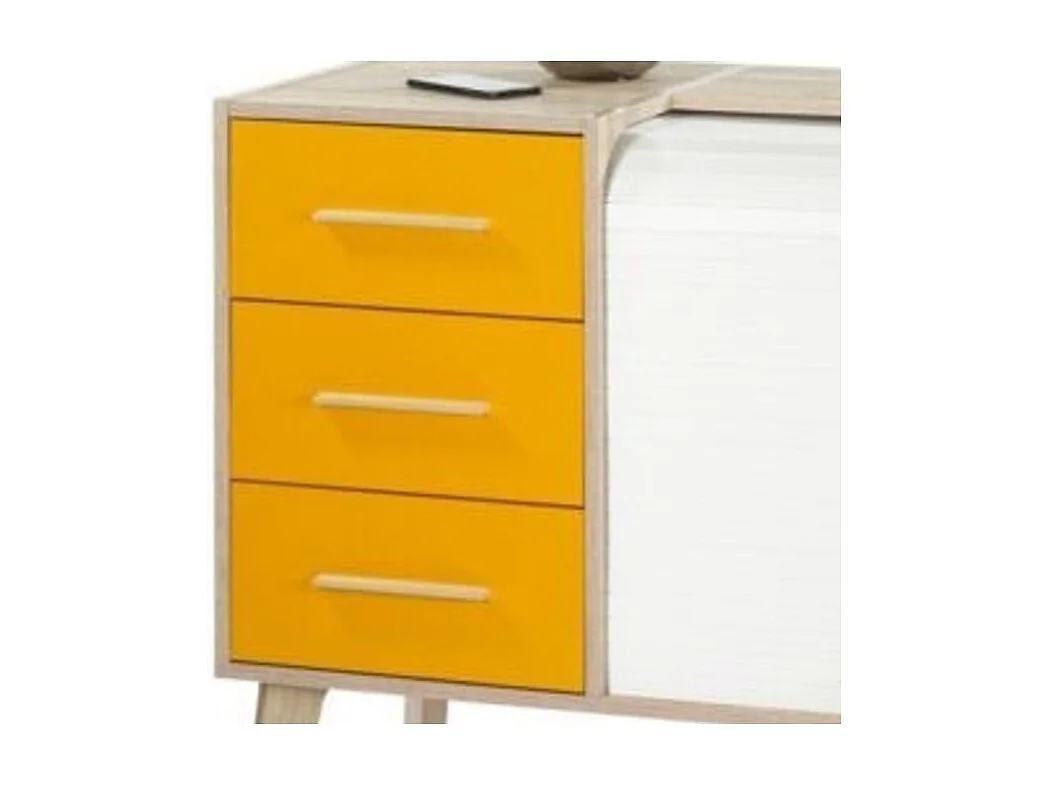 Meuble d'entrée chêne clair 3 tiroirs oranges 2 niches rideau blanc Happy 110cm