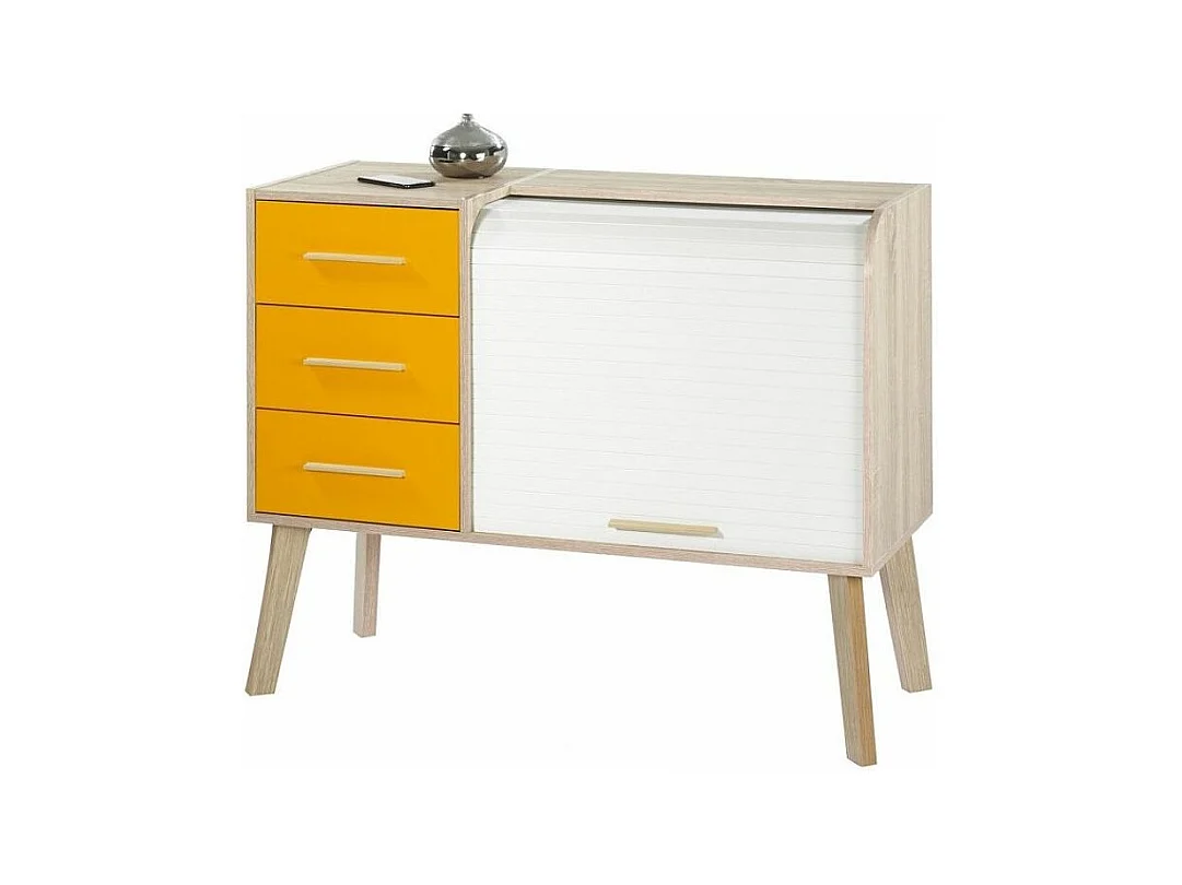 Meuble d'entrée chêne clair 3 tiroirs oranges 2 niches rideau blanc Happy 110cm