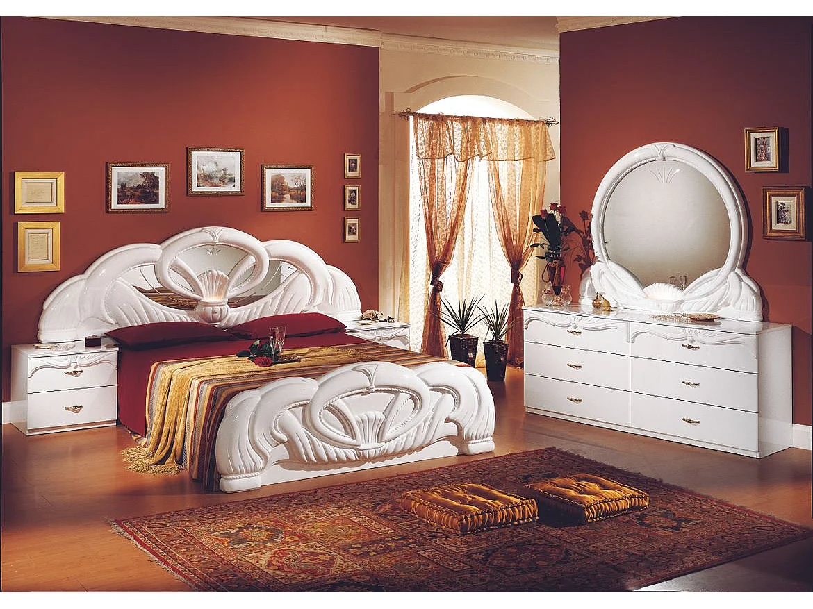 Commode 3 grands tiroirs baroque bois brillant blanc Venize 116cm