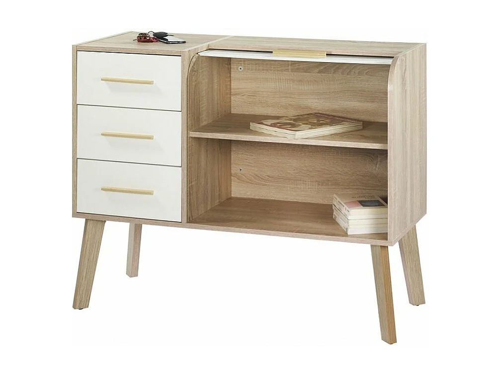 Meuble d'entrée 3 tiroirs blanc 2 niches rideau chêne clair Happy 110cm