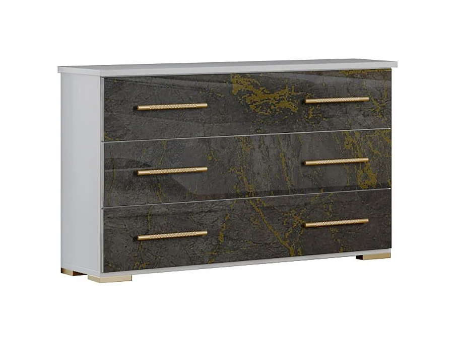 Commode 3 grands tiroirs bois blanc et bois gris brillant marbré doré Dova 100cm