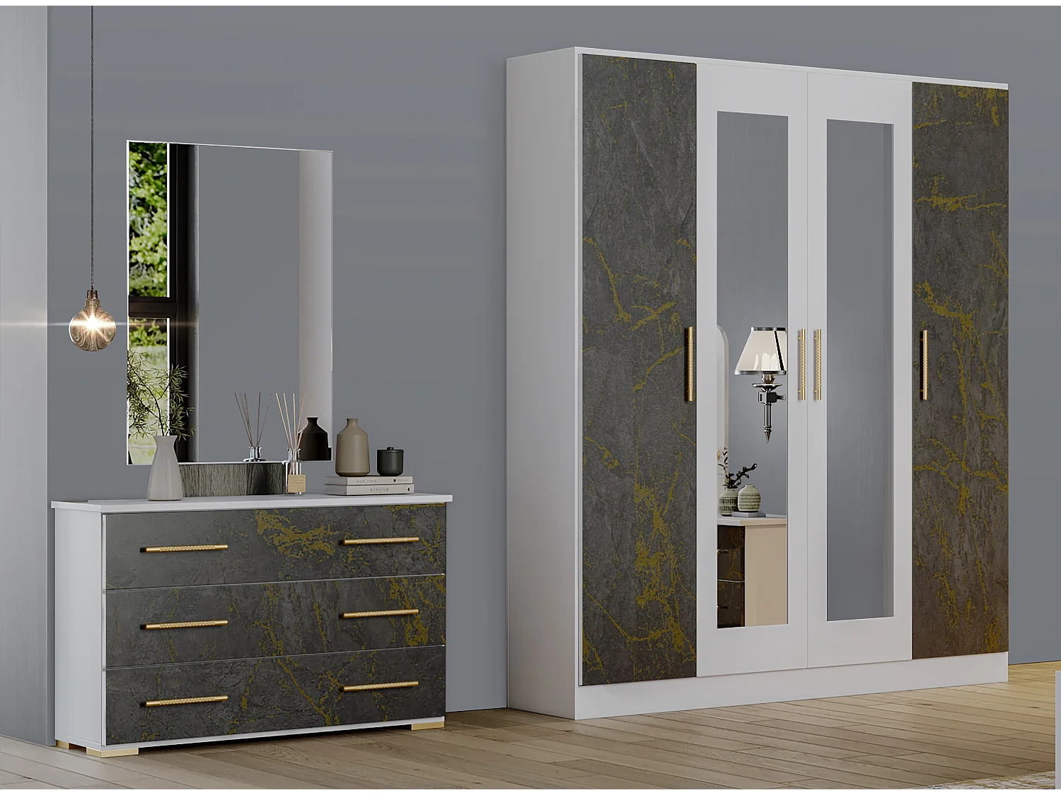 Commode 3 grands tiroirs bois blanc et bois gris brillant marbré doré Dova 100cm