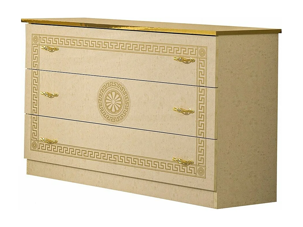 Commode 3 grands tiroirs bois brillant beige et doré Savana