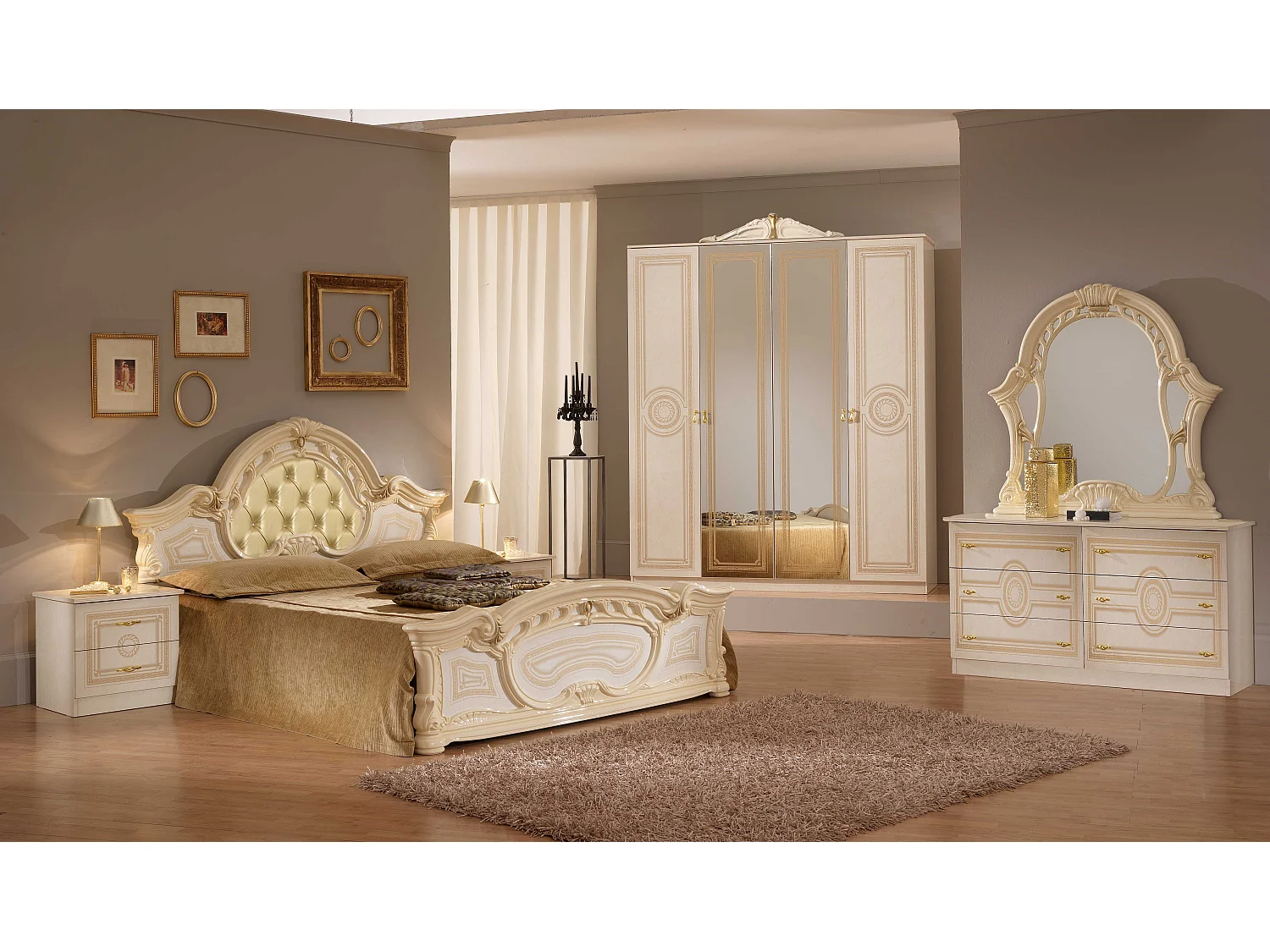Commode 3 grands tiroirs bois brillant beige et doré Savana