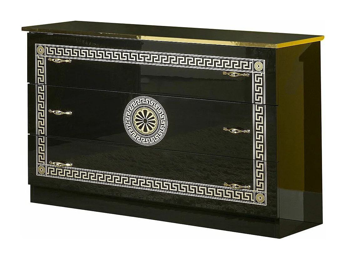 Commode 3 grands tiroirs bois brillant noir et doré Savana