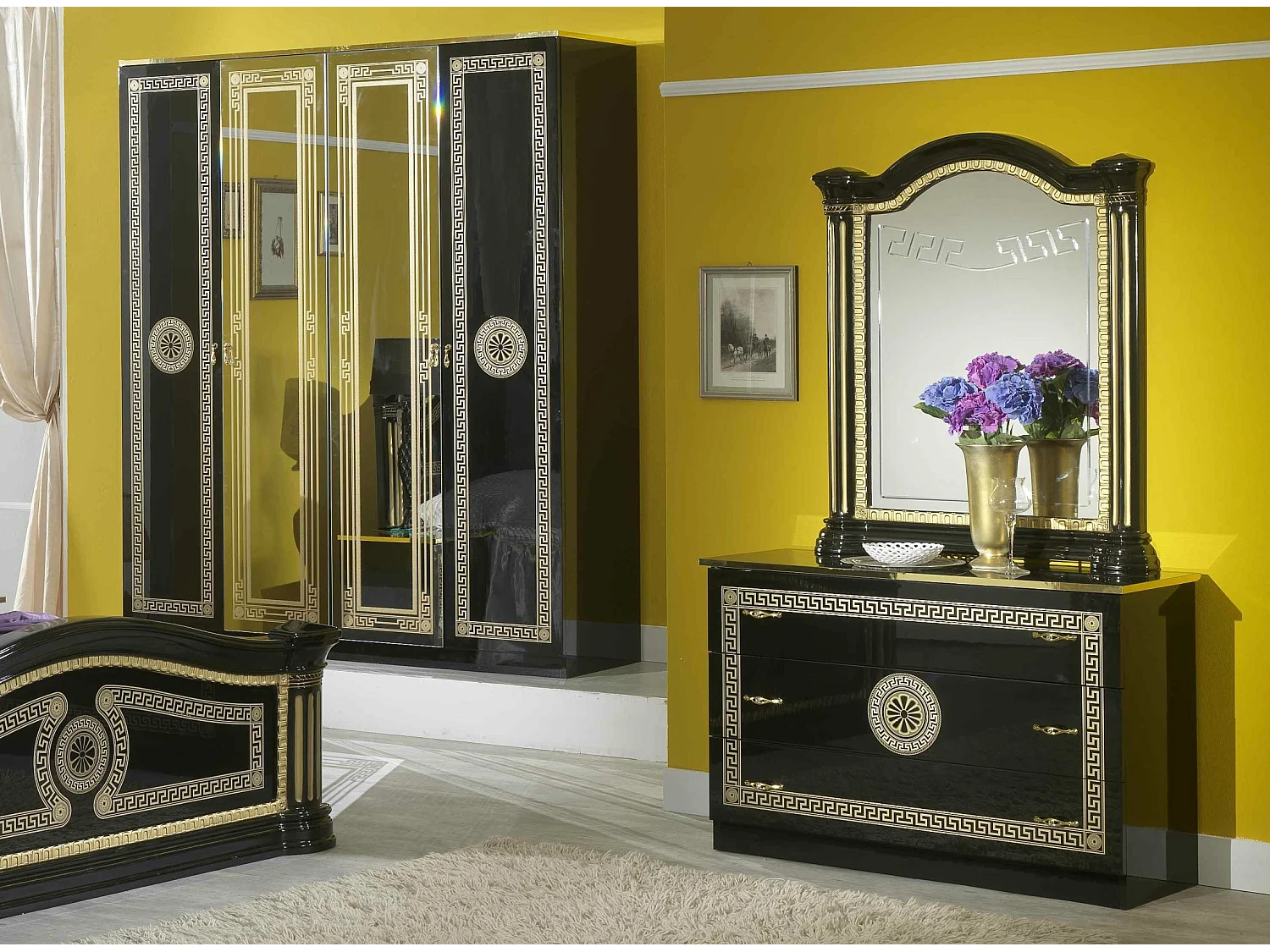 Commode 3 grands tiroirs bois brillant noir et doré Savana