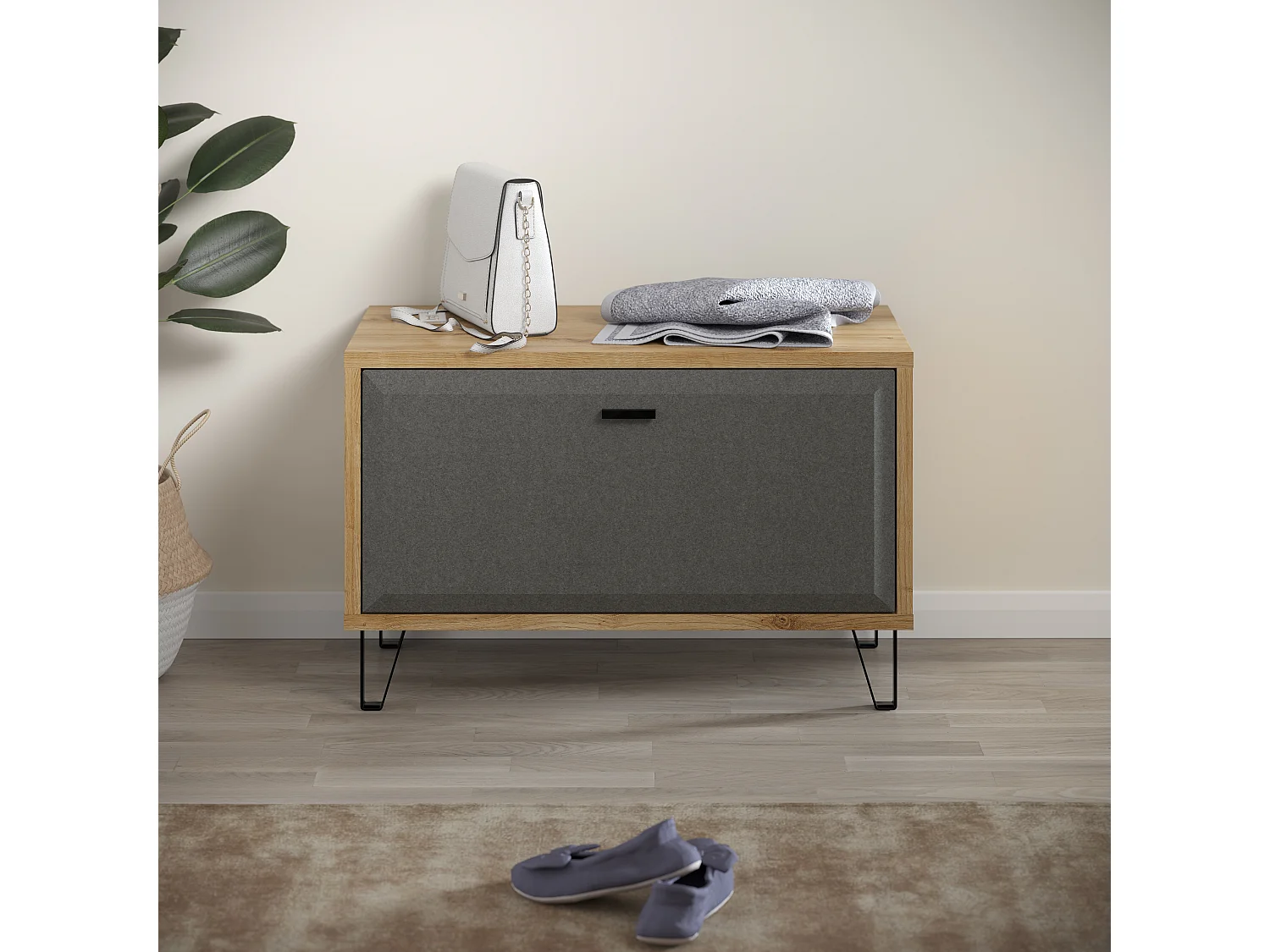Petit meuble de rangement 1 porte chêne de Navarre et feutre gris foncé Florence 79cm