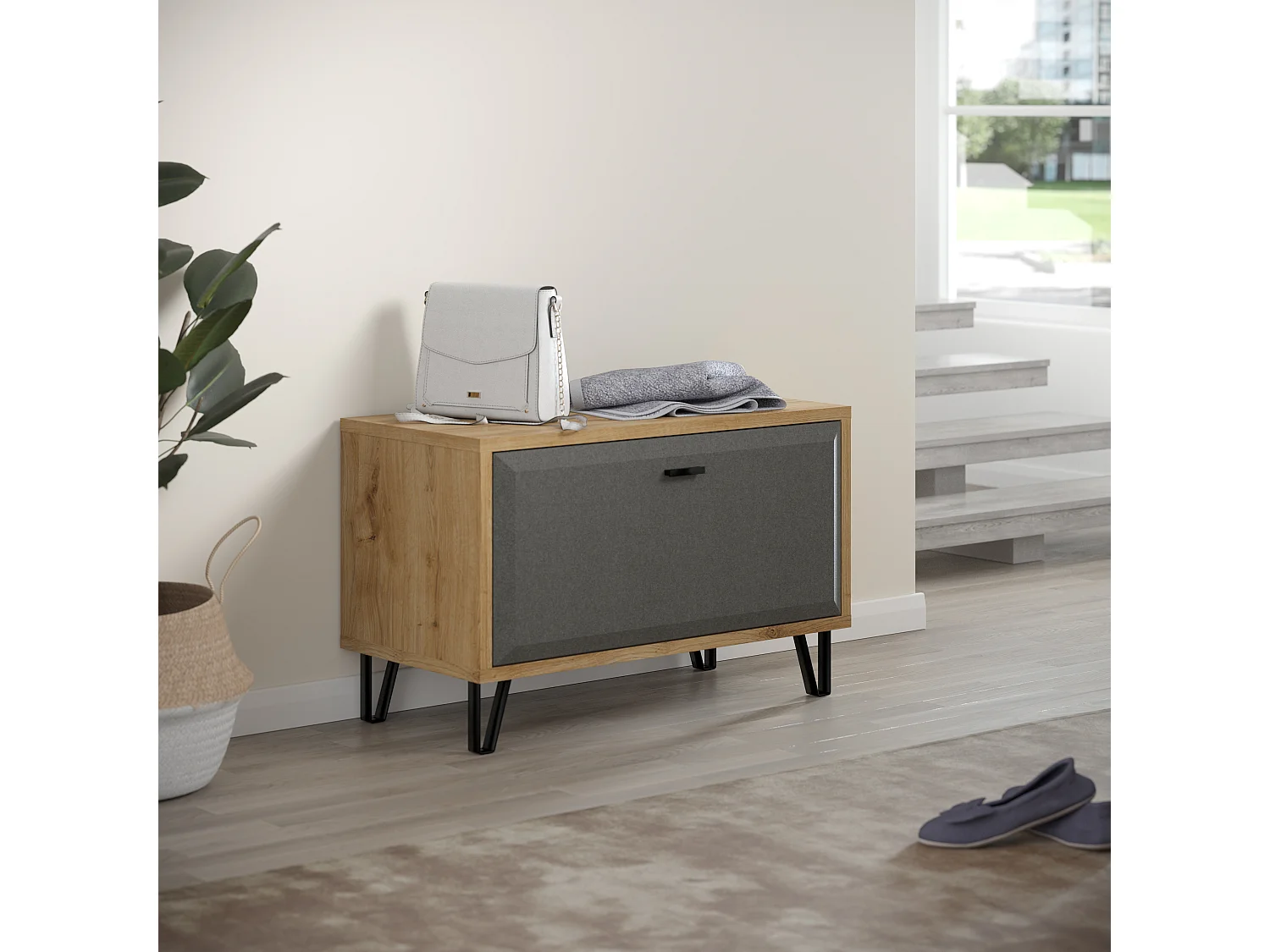 Klein opbergmeubel met 1 deur in Navarra eik en Florence donkergrijs vilt 79 cm