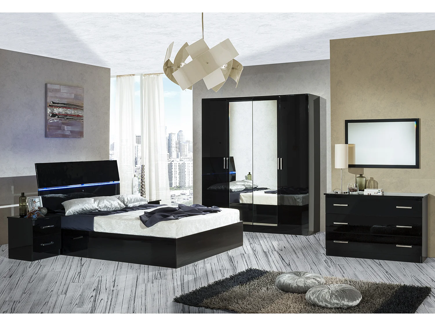 Commode moderne 3 grands tiroirs bois noir laqué Mona 118cm