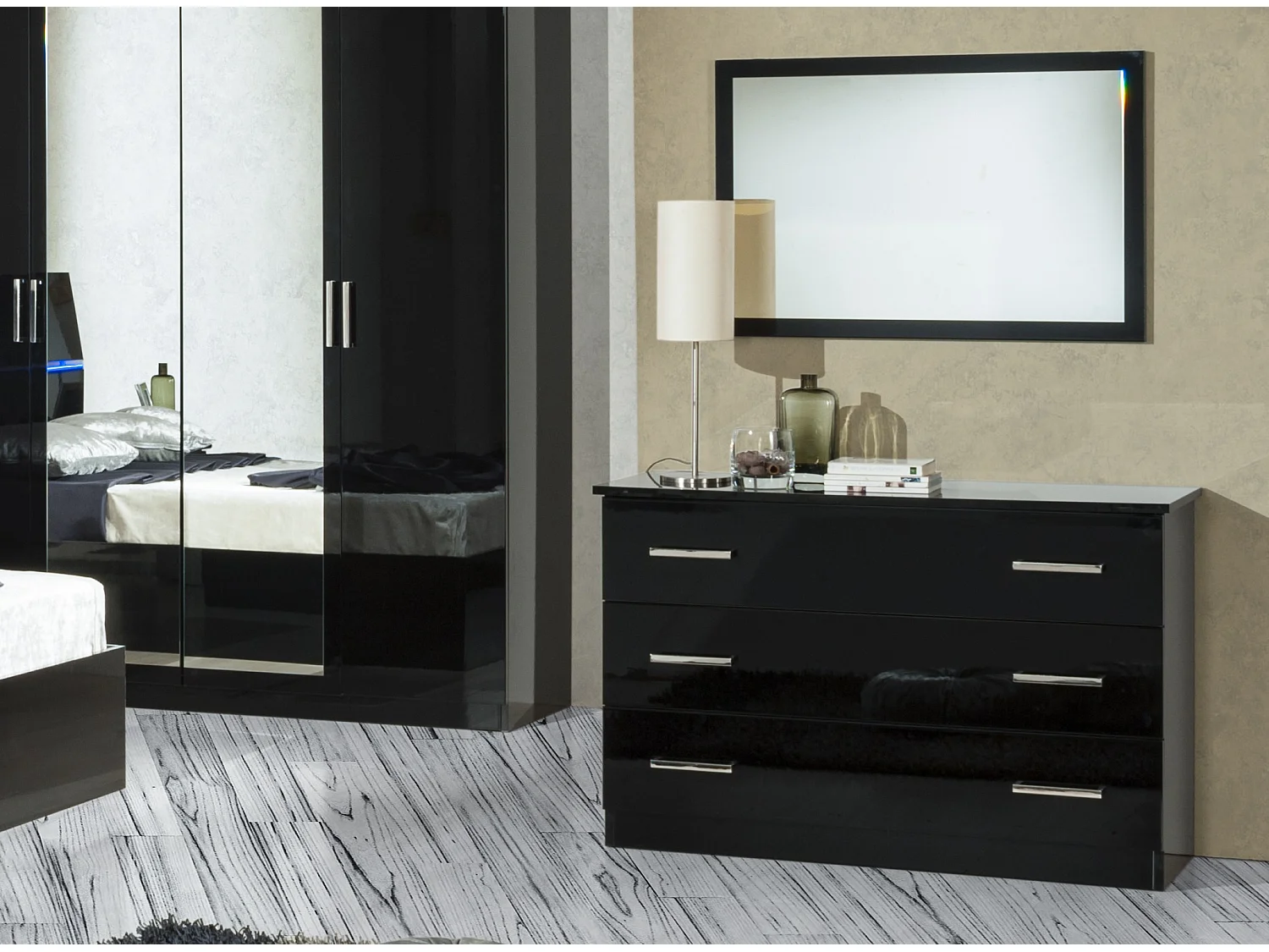 Commode moderne 3 grands tiroirs bois noir laqué Mona 118cm