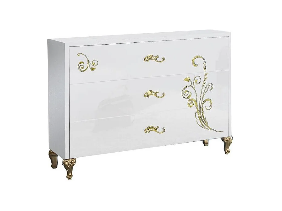 Commode 3 grands tiroirs design bois laqué blanc et doré Jade 118cm