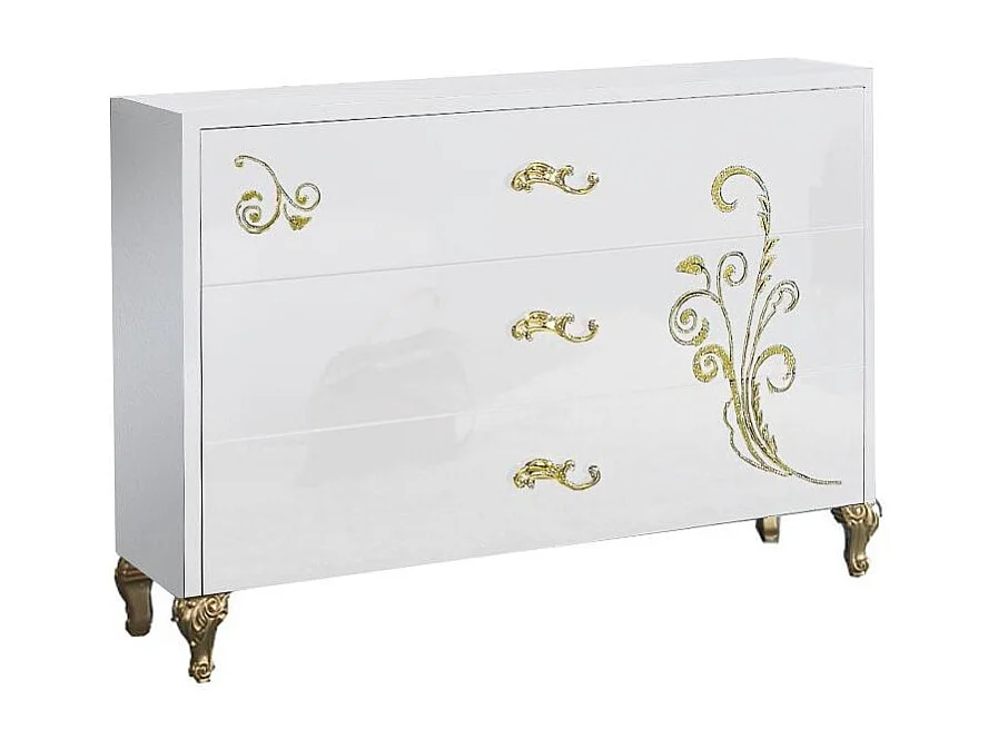 Commode 3 grands tiroirs design bois laqué blanc et doré Jade 118cm
