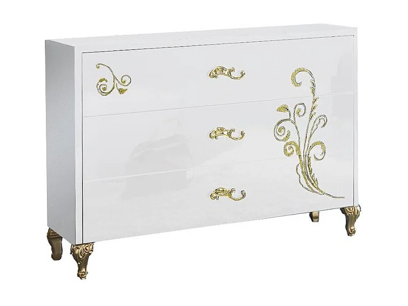 Commode 3 grands tiroirs design bois laqué blanc et doré Jade 118cm