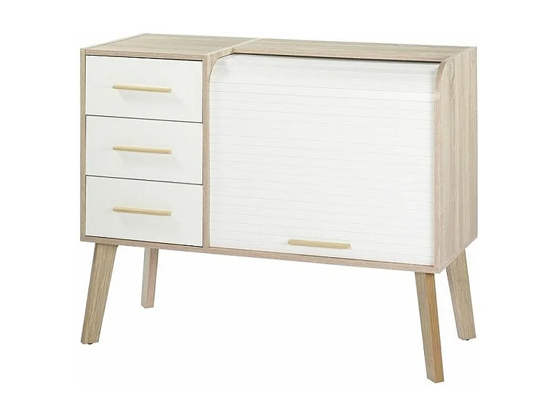 Licht eiken entreemeubel 3 witte laden 2 witte gordijnnissen Happy 110 cm