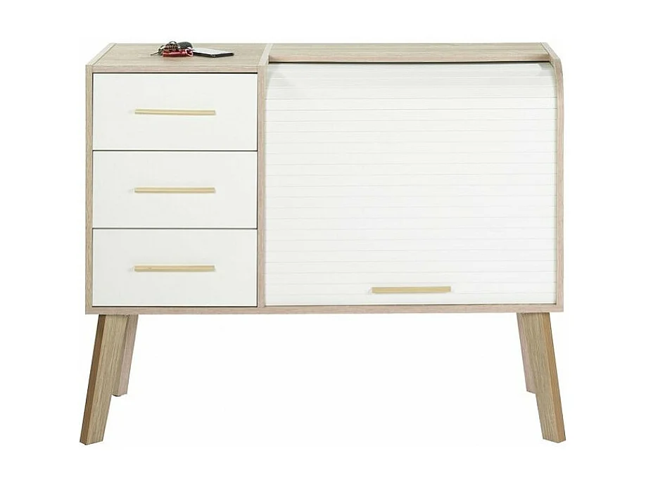 Meuble d'entrée chêne clair 3 tiroirs blanc 2 niches rideau blanc Happy 110cm