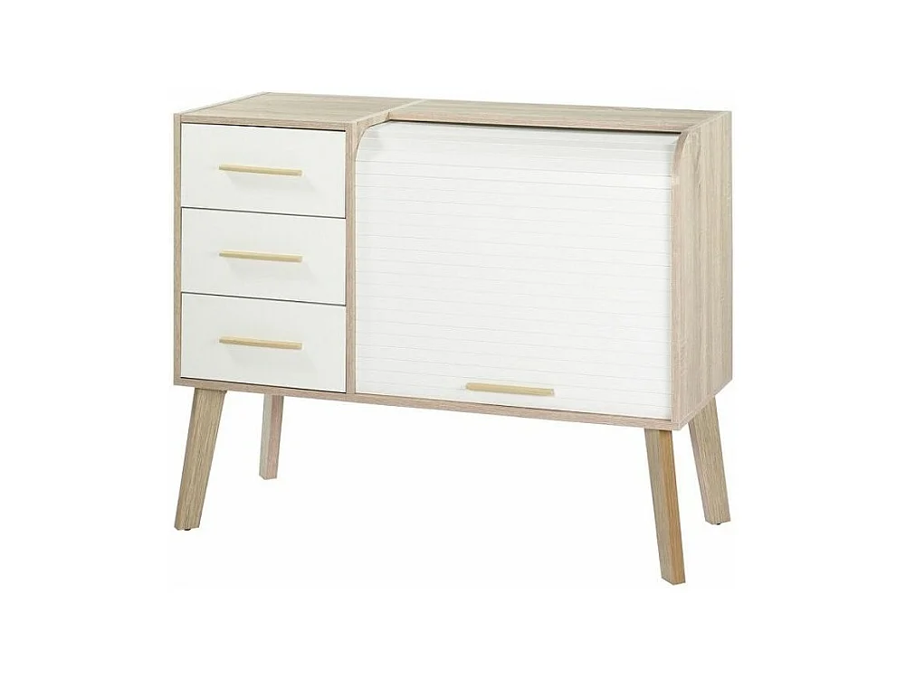 Meuble d'entrée chêne clair 3 tiroirs blanc 2 niches rideau blanc Happy 110cm