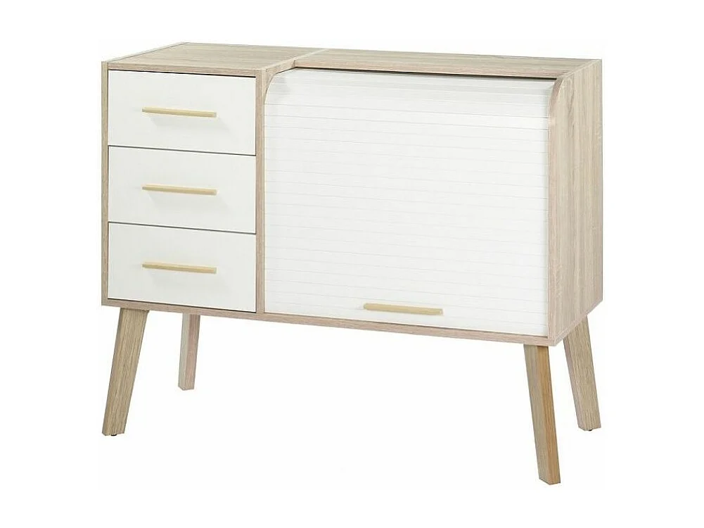 Meuble d'entrée chêne clair 3 tiroirs blanc 2 niches rideau blanc Happy 110cm