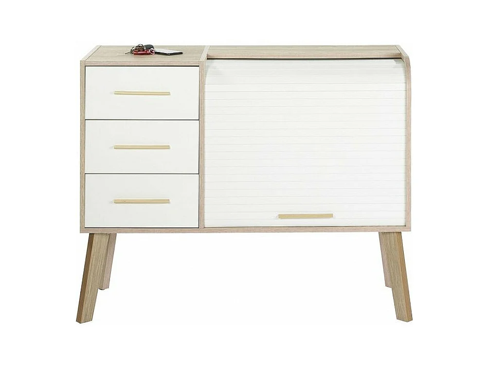 Meuble d'entrée chêne clair 3 tiroirs blanc 2 niches rideau blanc Happy 110cm