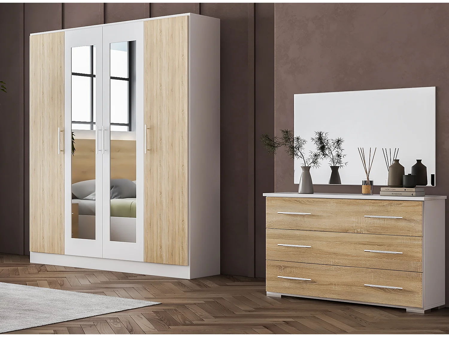 Commode 3 grands tiroirs bois blanc brillant et bois naturel mat Dova 100cm