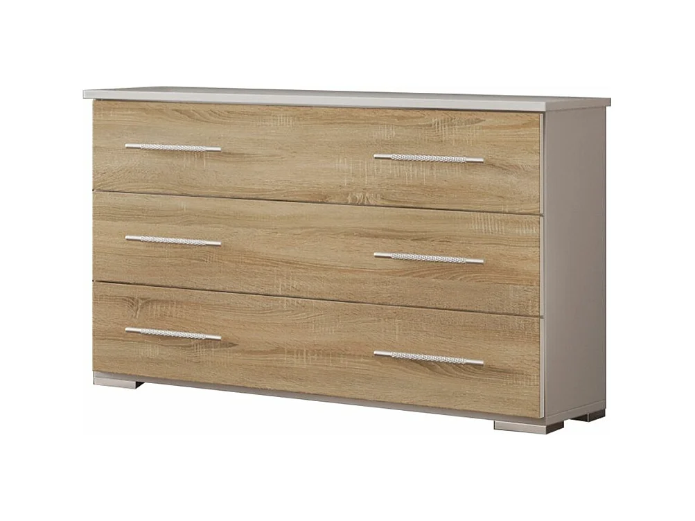 Commode 3 grands tiroirs bois blanc brillant et bois naturel mat Dova 100cm