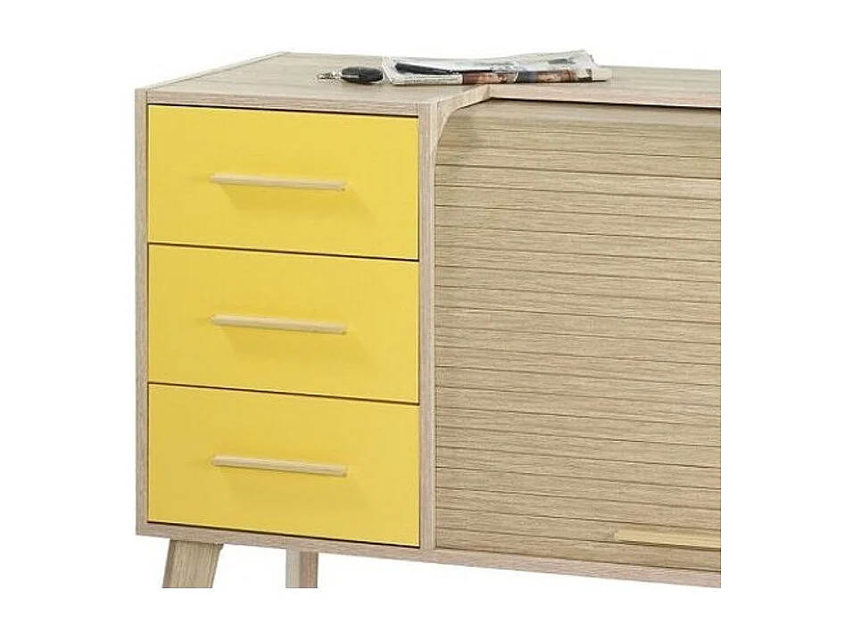 Meuble d'entrée 3 tiroirs 2 niches rideau chêne clair et jaune Happy 110cm