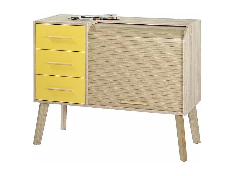 Meuble d'entrée 3 tiroirs 2 niches rideau chêne clair et jaune Happy 110cm