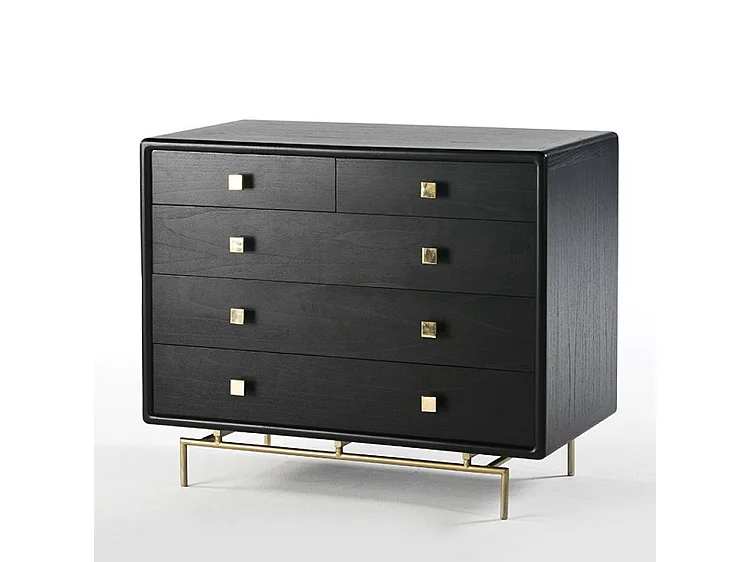 Commode 5 tiroirs bois massif noir et pieds métal doré Bar