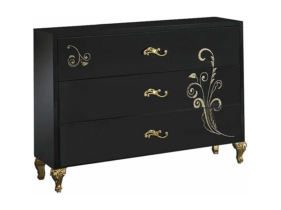 Commode 3 grands tiroirs design bois laqué noir et doré Jade 118cm