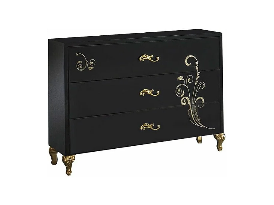 Commode 3 grands tiroirs design bois laqué noir et doré Jade 118cm