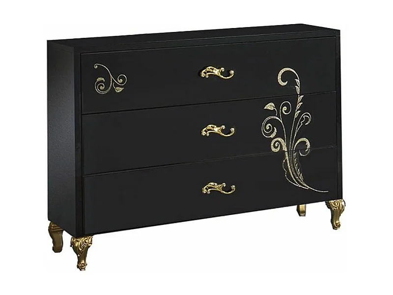 Commode 3 grands tiroirs design bois laqué noir et doré Jade 118cm