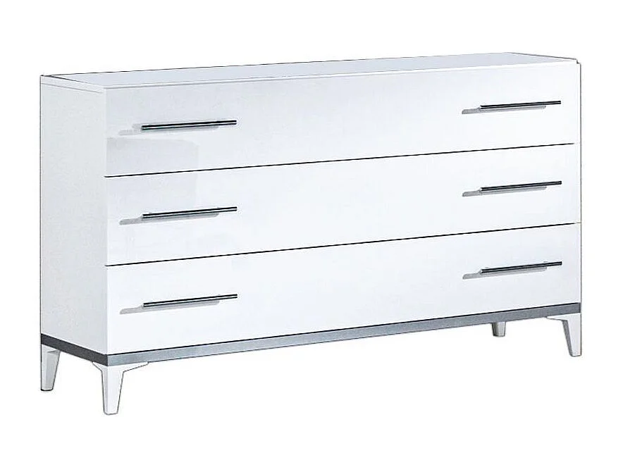 Commode design 3 grands tiroirs bois blanc laqué et et métal argenté Diamanto 120cm