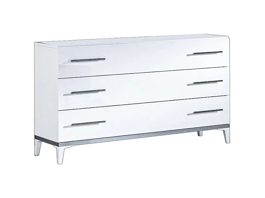 Commode design 3 grands tiroirs bois blanc laqué et et métal argenté Diamanto 120cm