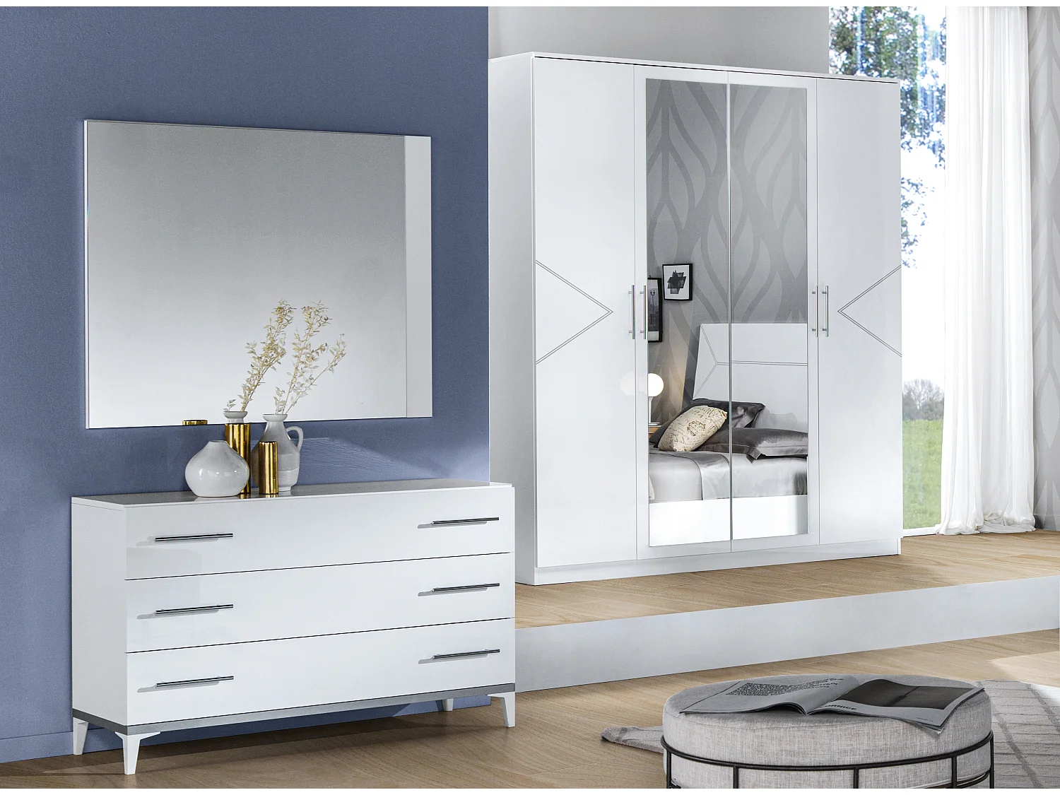 Commode design 3 grands tiroirs bois blanc laqué et et métal argenté Diamanto 120cm