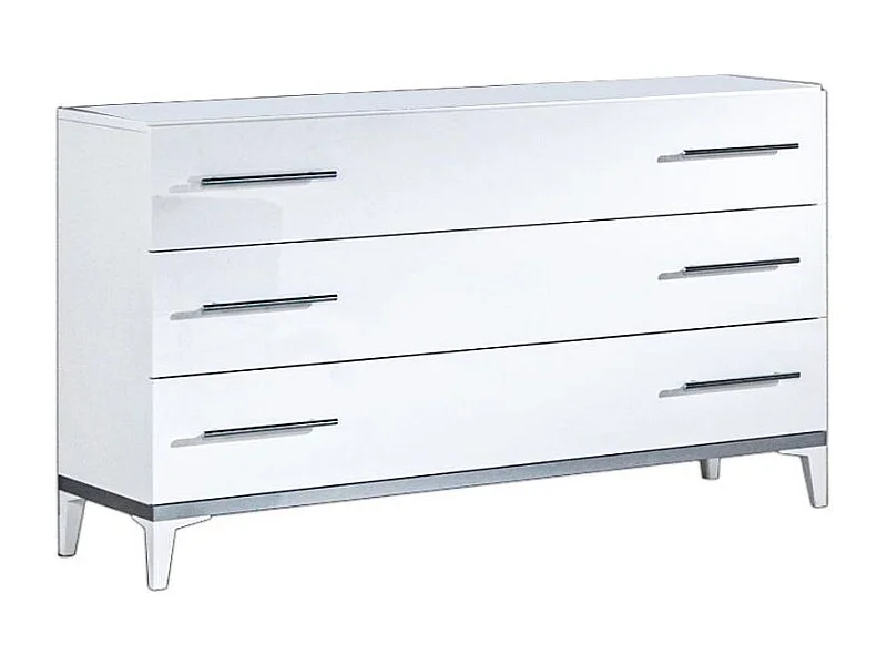 Commode design 3 grands tiroirs bois blanc laqué et et métal argenté Diamanto 120cm