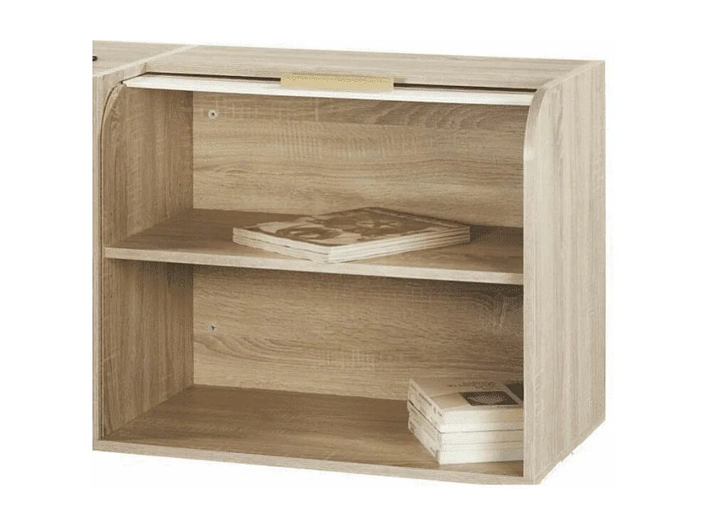 Meuble d'entrée chêne clair 3 tiroirs jaunes 2 niches rideau blanc Happy 110cm