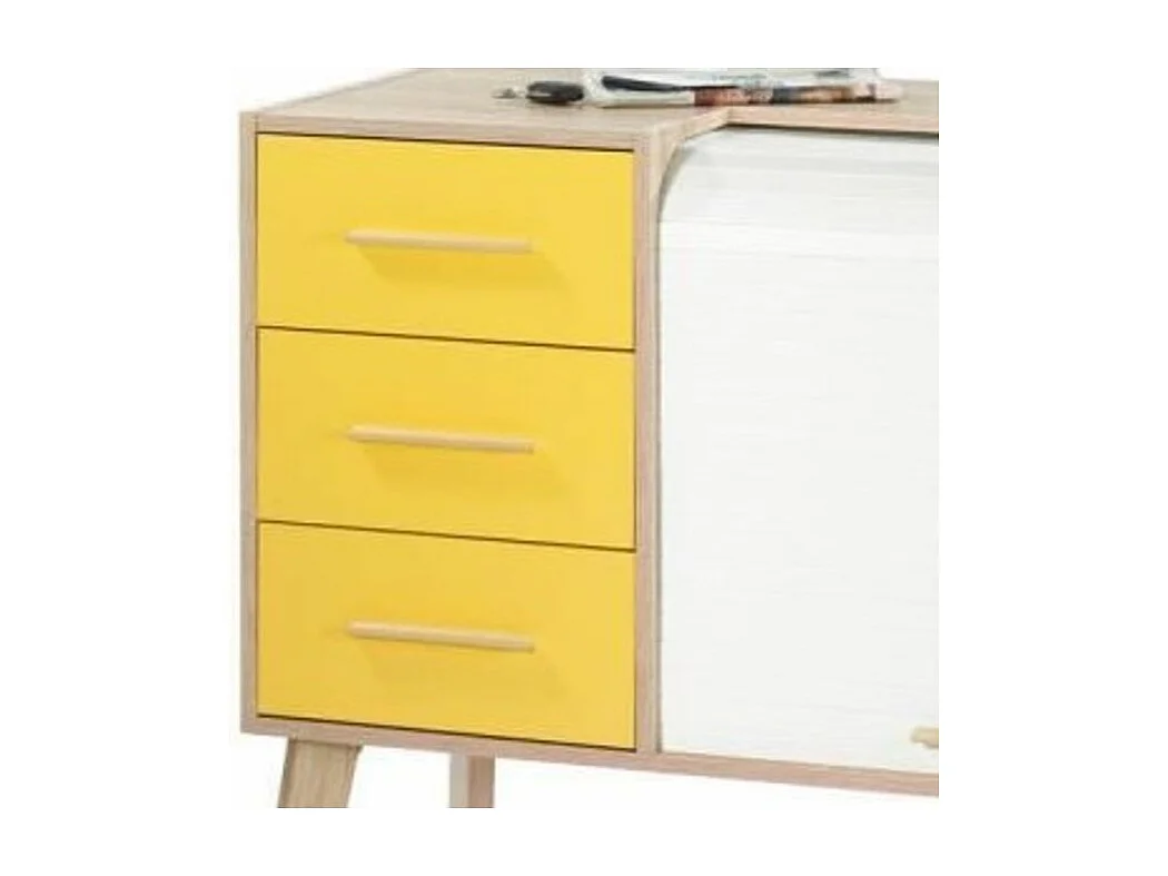 Meuble d'entrée chêne clair 3 tiroirs jaunes 2 niches rideau blanc Happy 110cm