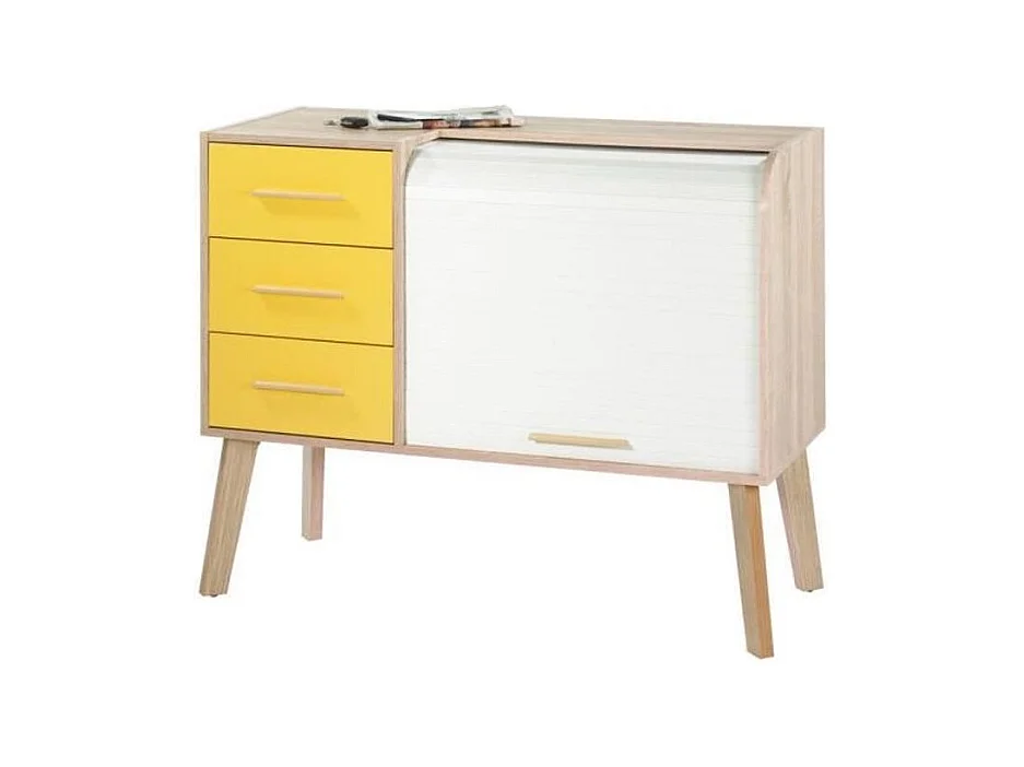 Meuble d'entrée chêne clair 3 tiroirs jaunes 2 niches rideau blanc Happy 110cm