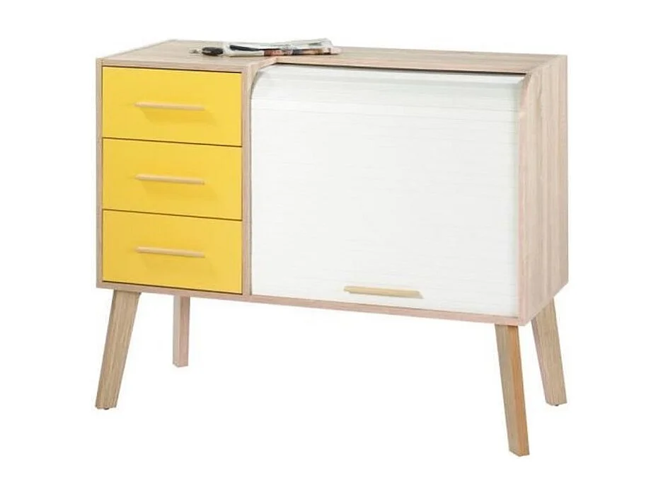 Meuble d'entrée chêne clair 3 tiroirs jaunes 2 niches rideau blanc Happy 110cm