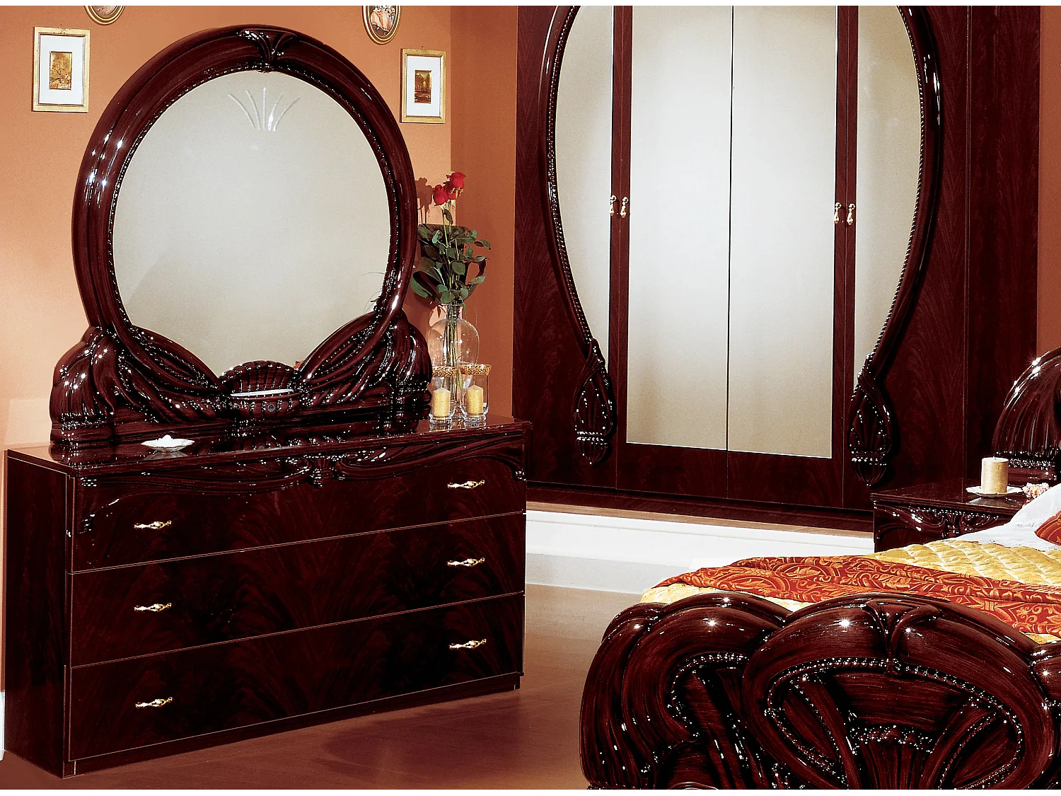 Ladekast met 3 grote laden barok glanzend hout mahonie Venize 116 cm