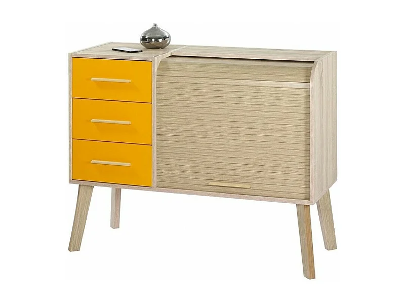 Entreekast 3 laden 2 gordijnnissen licht eiken en mandarijn Happy 110 cm