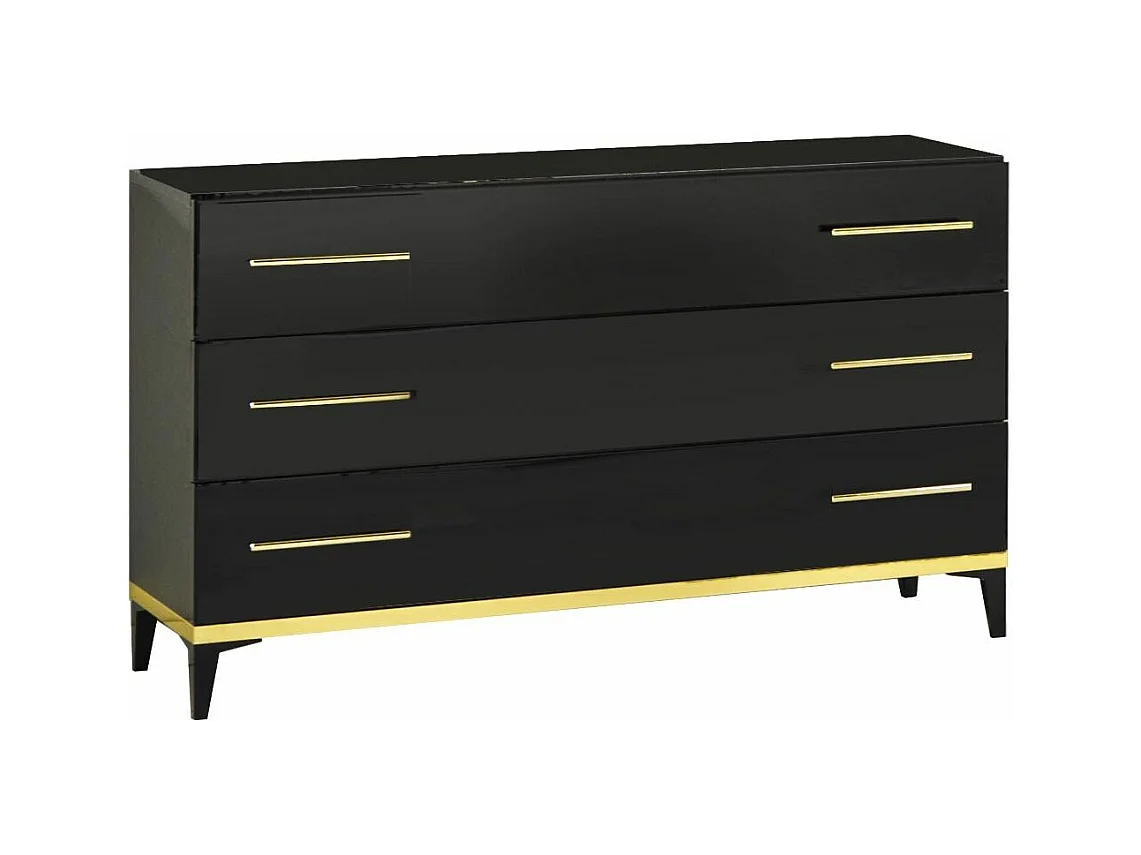 Commode design 3 grands tiroirs bois noir laqué et métal doré Diamanto 120cm