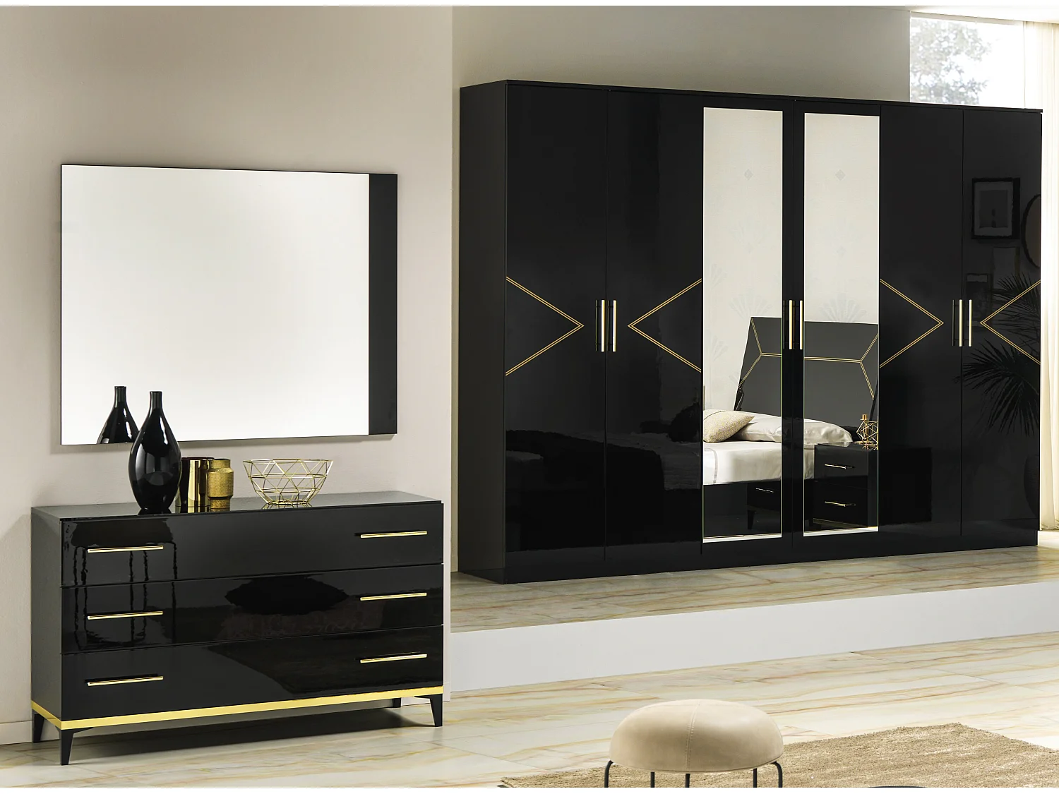 Commode design 3 grands tiroirs bois noir laqué et métal doré Diamanto 120cm